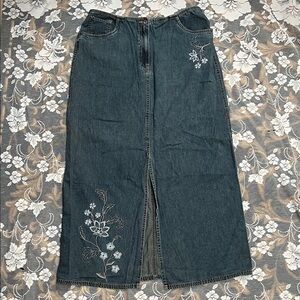 Marsh Landing Blue Denim Maxi Skirt with Floral Embroidery